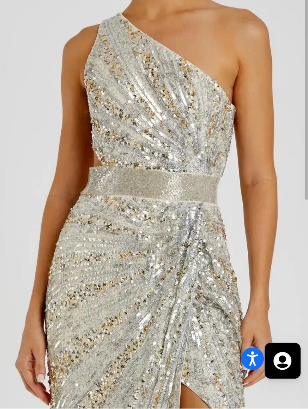 Mac Duggal 5687 One Shoulder Sequin Gown Silver Gold Metallic Dress 6 NEW